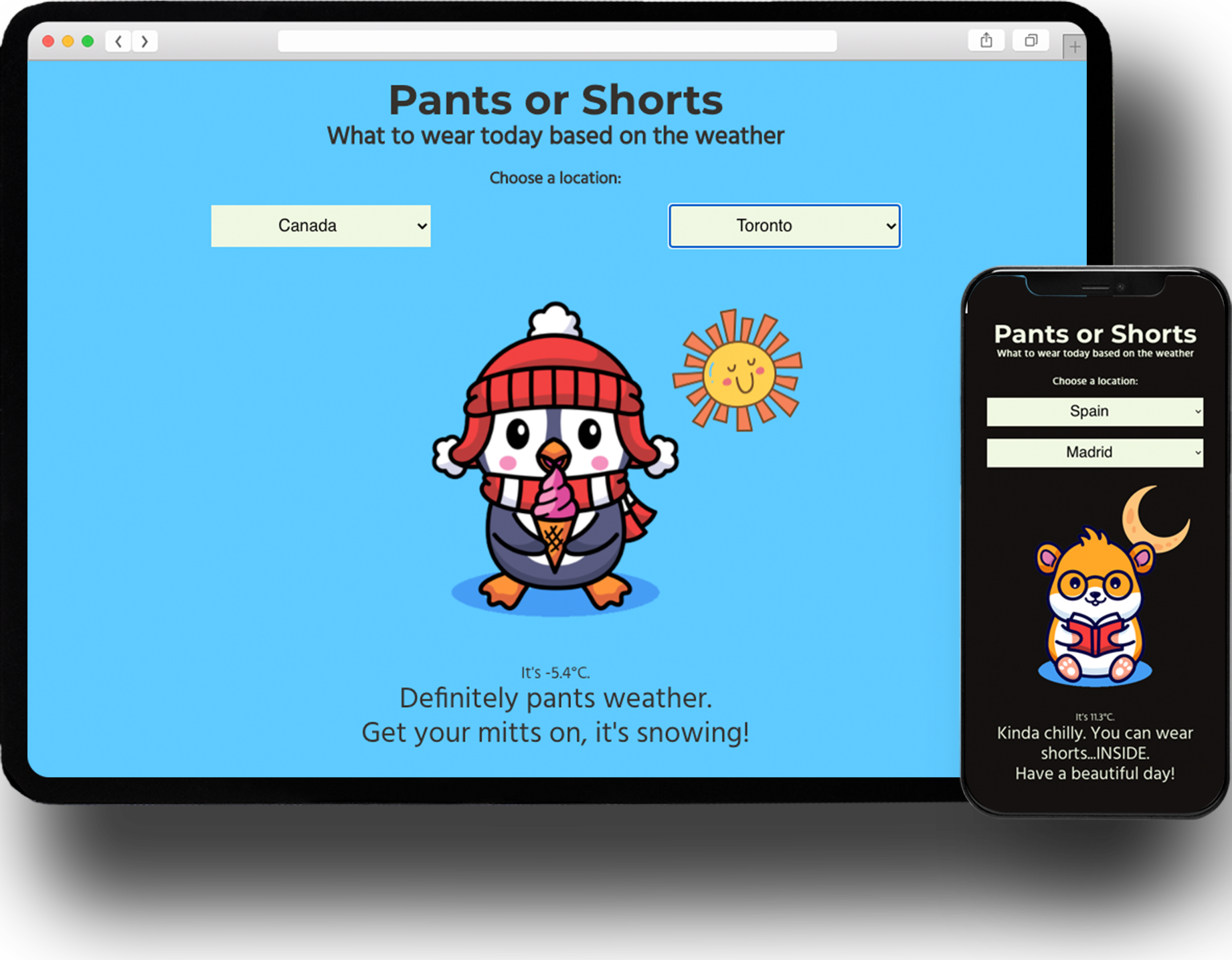 Screenshot of an application called Pants or Shorts on desktop and mobile devices