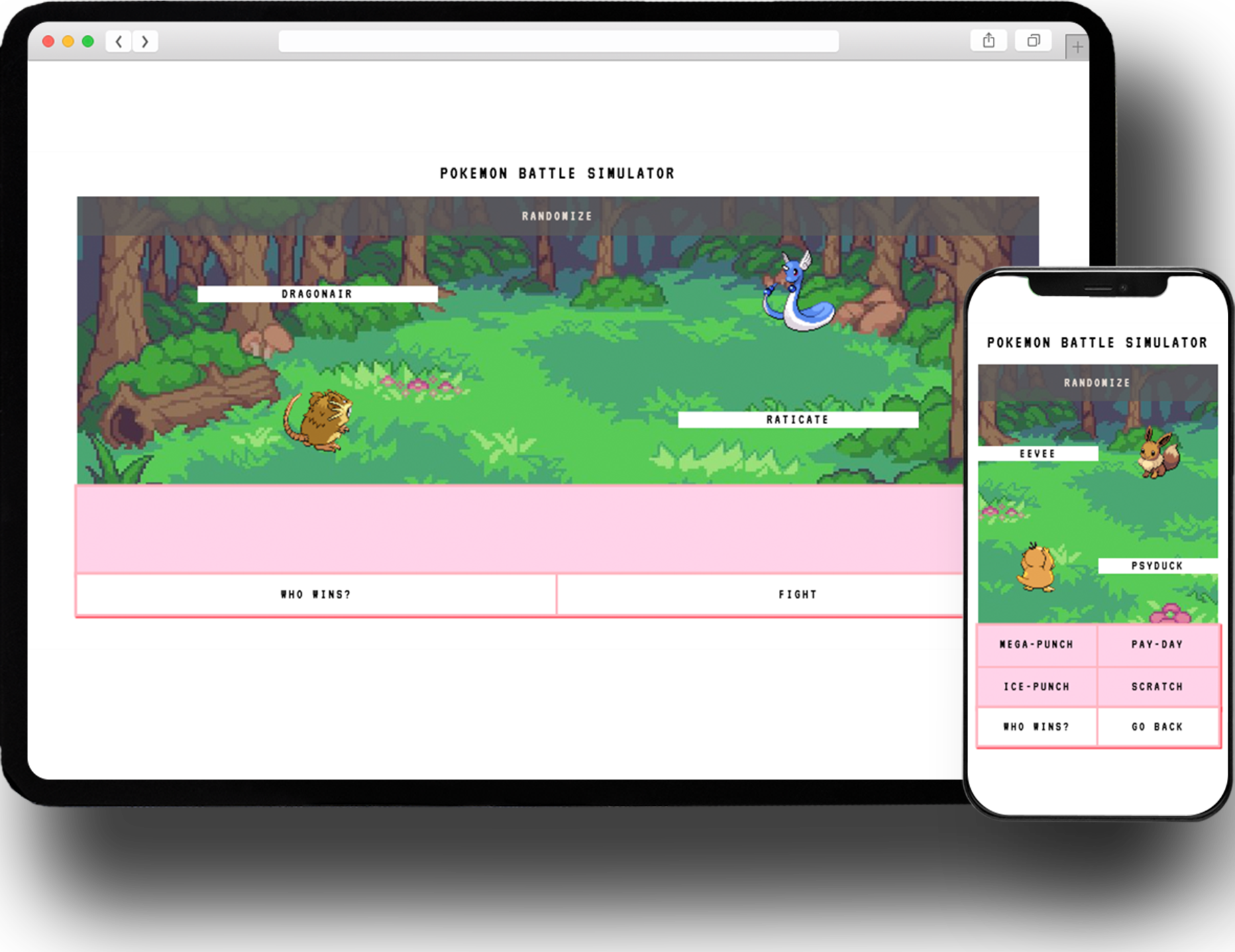 Screenshot of the Pokemon Battle Simulator website on desktop and mobile devices