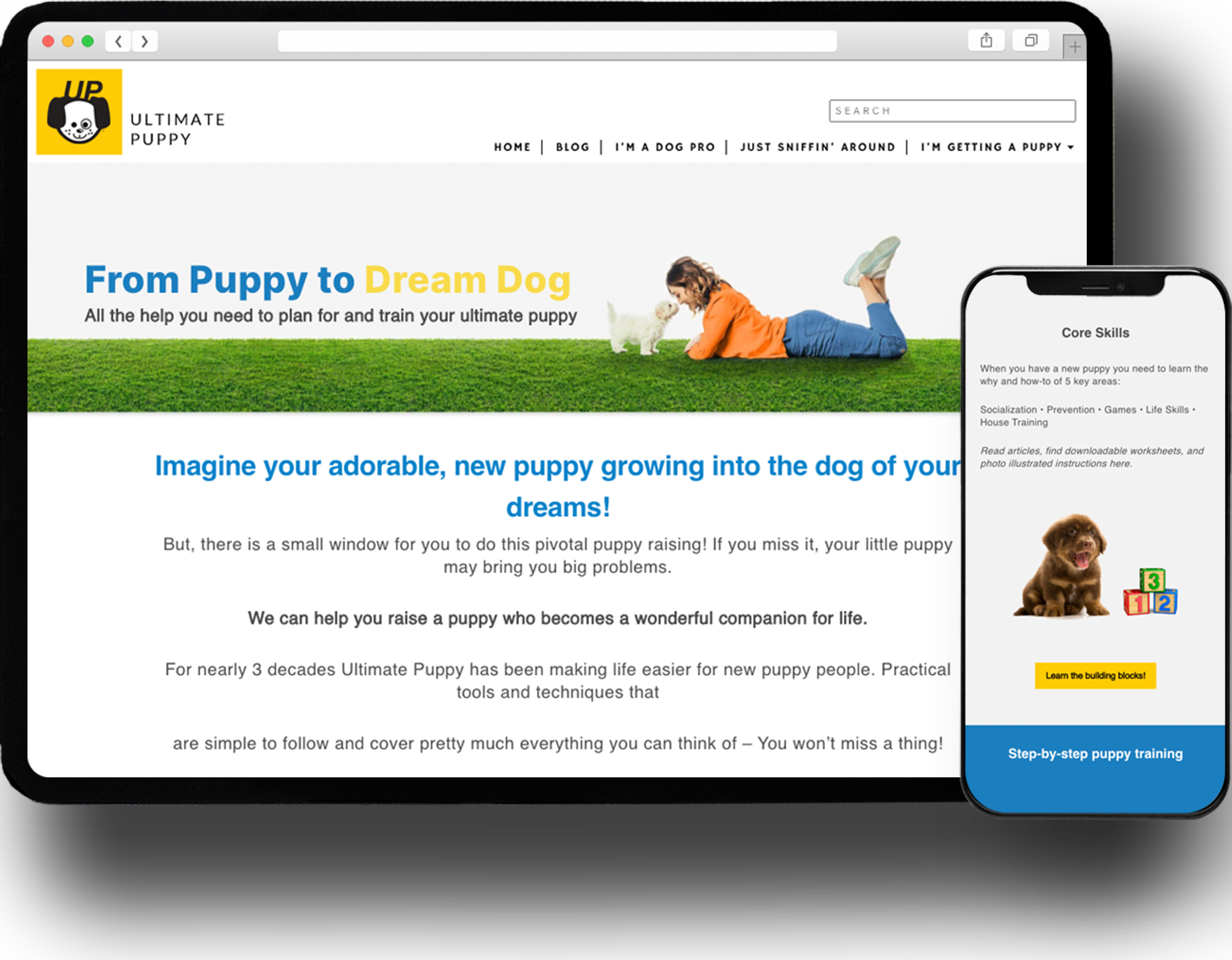 Screenshot of a dog training website called Ultimate Puppy on desktop and mobile devices